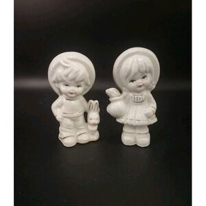 Vintage Boy Girl Ceramic Hand Painted Figurines Bunny Fish Japan Glazed